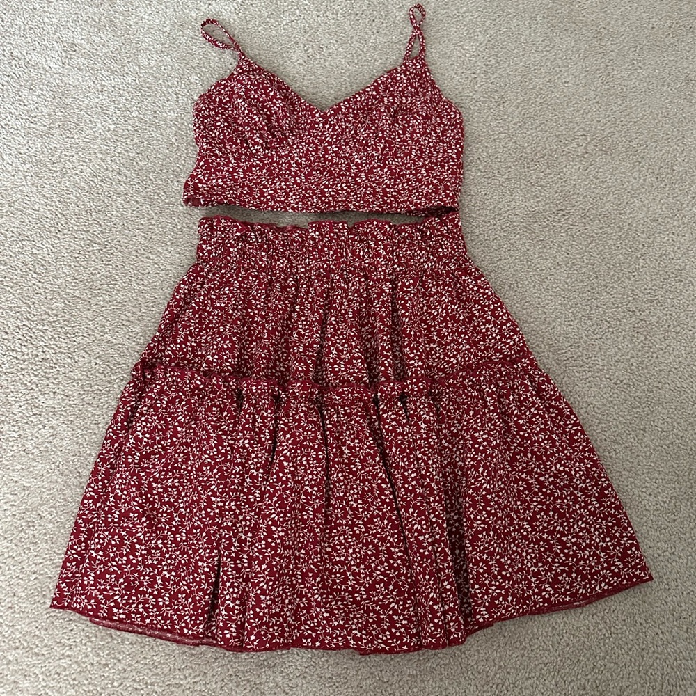 SHEIN Red Floral Two-Piece Skirt Set